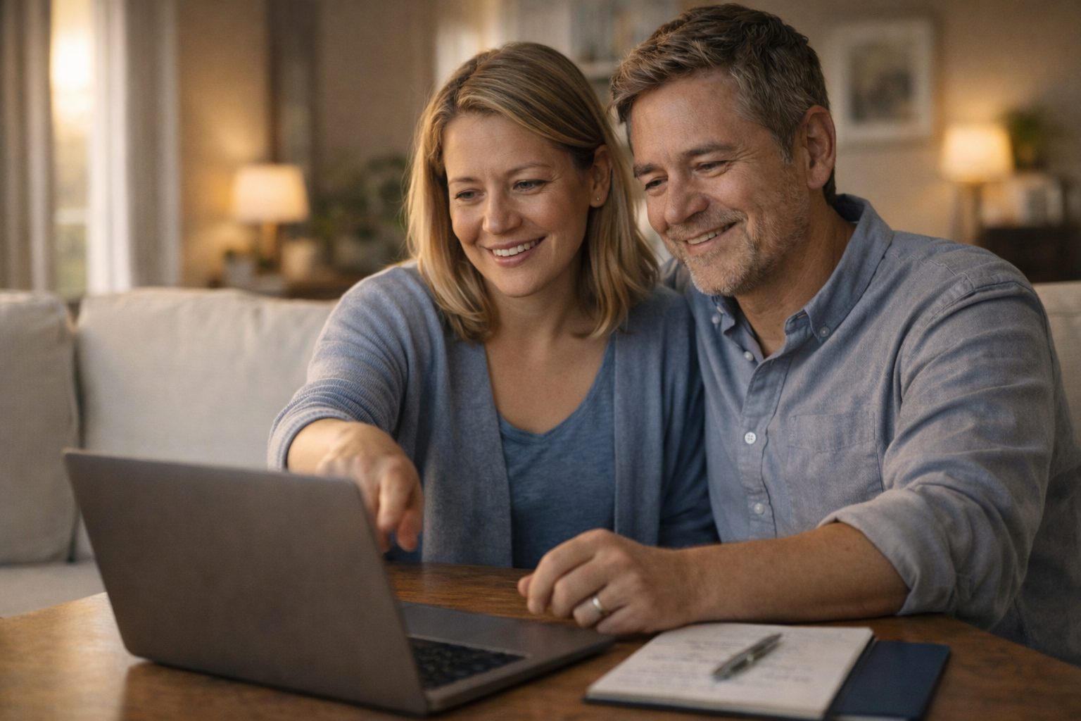 Couple reviewing their debt-free status together showing relief and hope