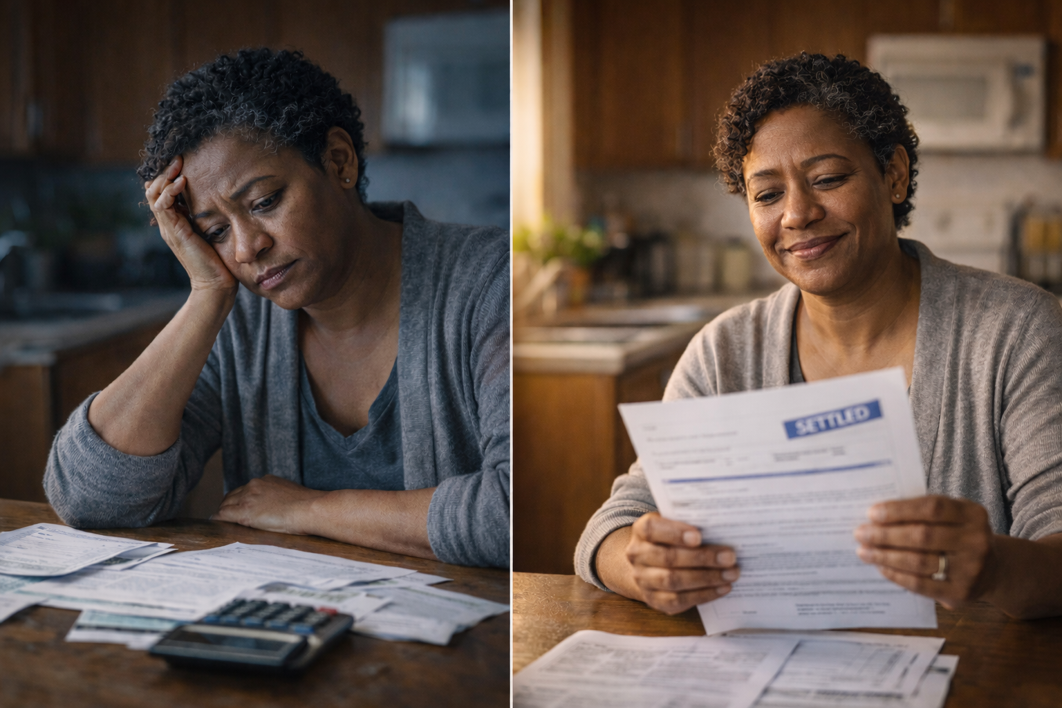 Debt settlement transformation - woman's journey from financial stress to relief after settling debts