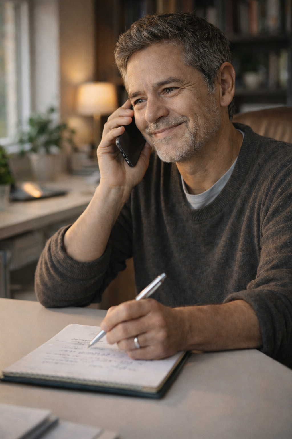 Woman on consultation call taking notes about debt settlement options